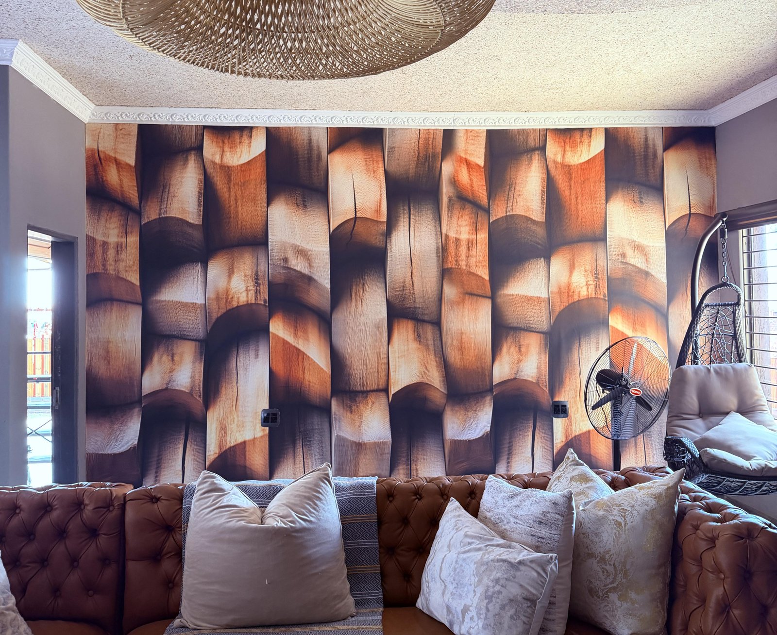 Wood-look 3D panel feature wall mural